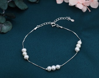 Sterling Silver Delicate Keshi Pearl Beaded Bracelet, Silver