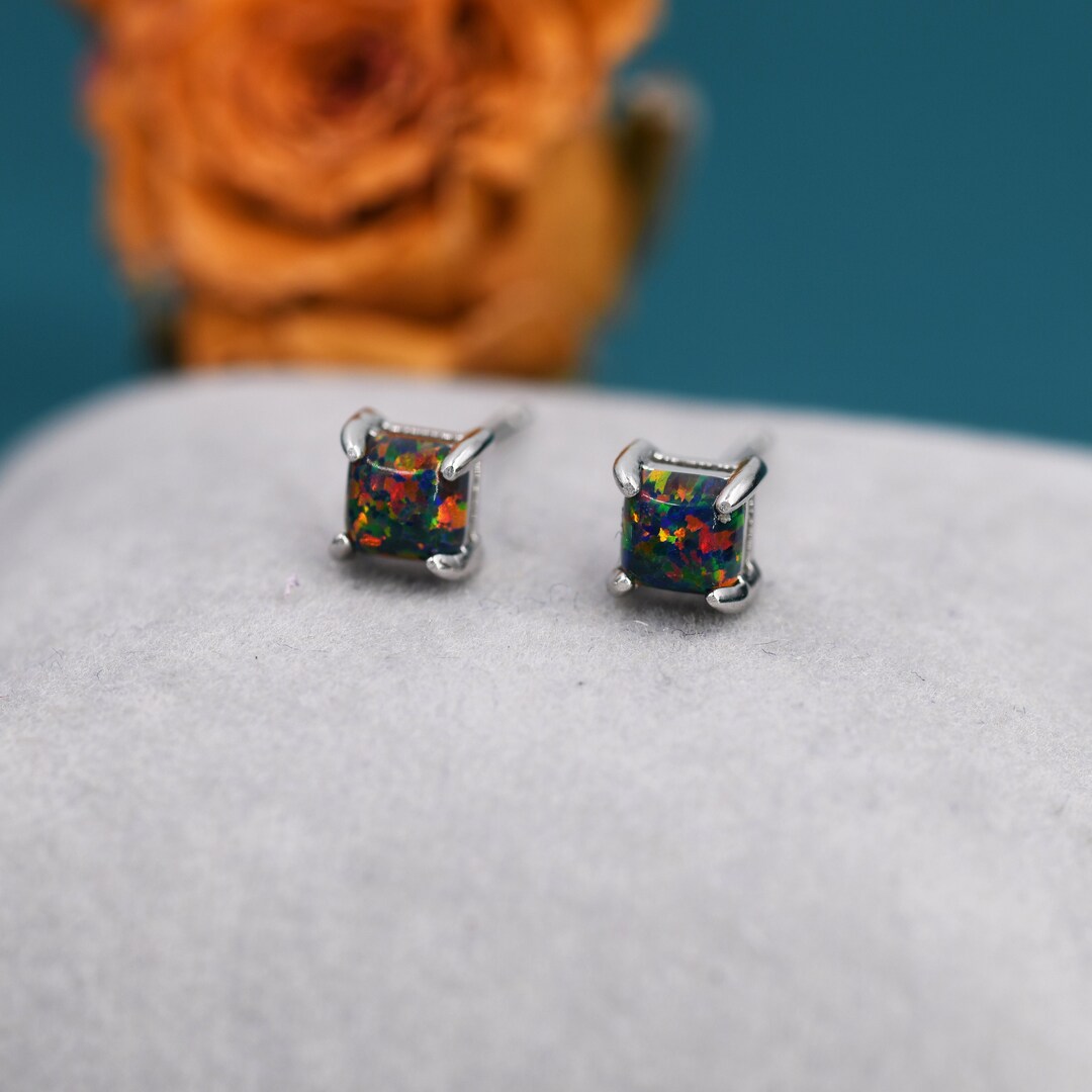 Sterling Silver Synthetic Opal Jewelry Set - Square Solitaire Necklace & Stud Earrings Gift Set