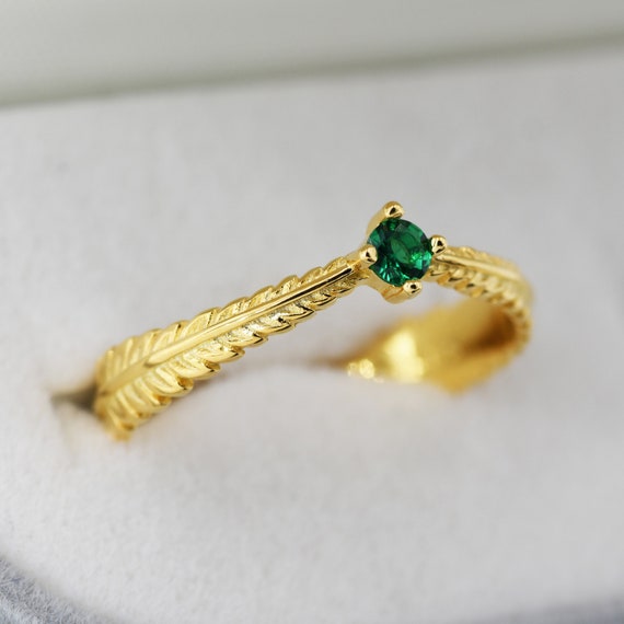 Sterling Silver Fern Leaf Emerald Green CZ Ring, Eternity