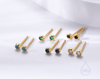 Extra kleine 2 mm CZ Stud Oorbellen in sterling zilver, zilver of goud, 2 mm CZ oorbellen, blauw, groen, zwart, turkoois, helder