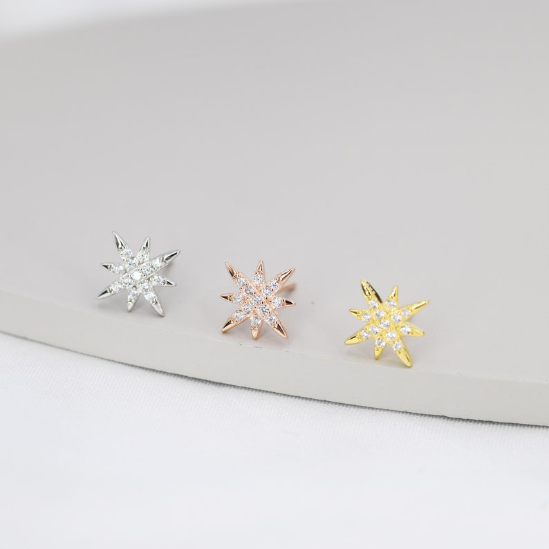 Starburst Stud Earrings in Sterling Silver with Sparkly CZ Crystals, North Star Earrings, Silver Gold and Rose Gold, Celestial Jewellery image 3