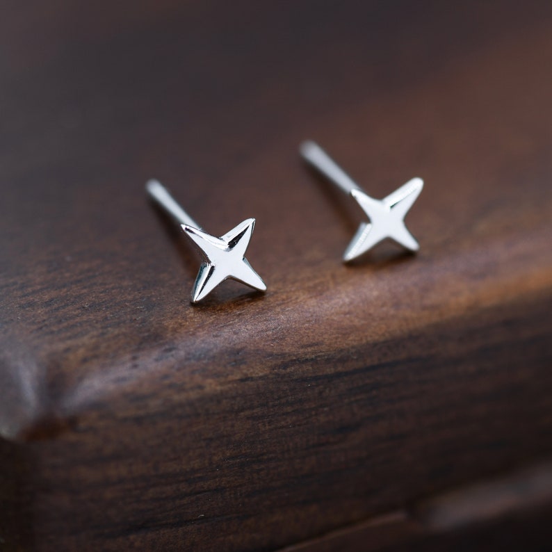 Four Point Star Stud Earrings in Sterling Silver, Tiny Celestial Stud, Polished or Textured, Gold or Silver image 10