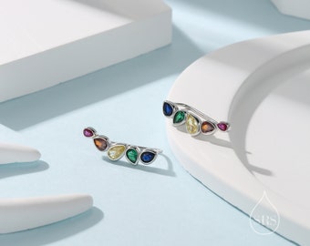 Orecchini cingolati a grappolo con goccioline arcobaleno in argento sterling, argento o oro, cingolati a grappolo con pera CZ, orecchini a grappolo