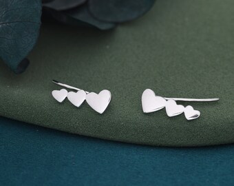 Three Heart Crawler Earrings in Sterling Silver, Silver, Gold or Rose Gold, Triple Hearts Climber Earrings, Ear Climbers