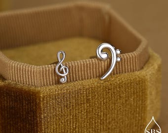 Sterling Silver Treble & Bass Clef Mismatched Stud Earrings, Asymmetric Music Earrings, Melody Earrings