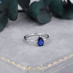 Erstellt Blauer Saphir Tropfen Ring in Sterling Silber, 5 x 7 mm, Prong Set Pear Cut, US 5 6 7 8, Blue Corundum Ring, September Birthstone