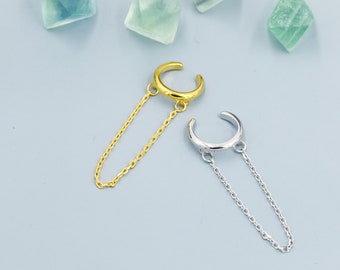 Sterling Silber Ohrring mit baumelnder Kette, Silber oder Gold, einfache Piercing-freie Ohrringe, minimalistische Ohrmanschette, verkettete Ohrmanschette