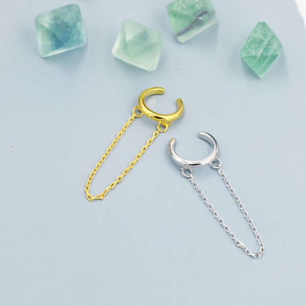 Sterling Silber Ohrring mit baumelnder Kette, Silber oder Gold, einfache Piercing-freie Ohrringe, minimalistische Ohrmanschette, verkettete Ohrmanschette