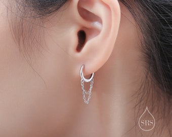 Chained Hoop Earrings in Sterling Silver, Silver or Gold, Huggie Hoops with Double Chains