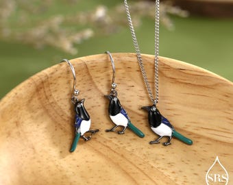 Elster Ohrringe und Anhänger Halskette in Sterling Silber, Schwarz rhodiniert, Niedliche Elster Halskette und Ohrringe, Natur Inspiriert