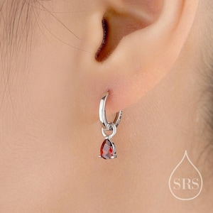 Sterling Silber Granat Rot CZ Tröpfchen Creolen, Silber, Gold oder Roségold, Tropfen Ohrringe im Tropfenschliff, austauschbare Anhänger, Januar