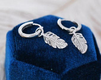 Sterling Silver Feather Hoop Earrings, Detachable Delicate Feather Dangle Hoop Earrings,  Interchangeable Charms, Nature Inspired