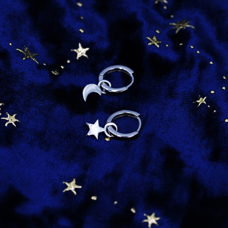 Mismatched Moon and Star Charm Huggie Hoop Earrings, Detachable Charm Hoops, Celestial Earrings, Silver, Gold and Rose Gold zdjęcie 3