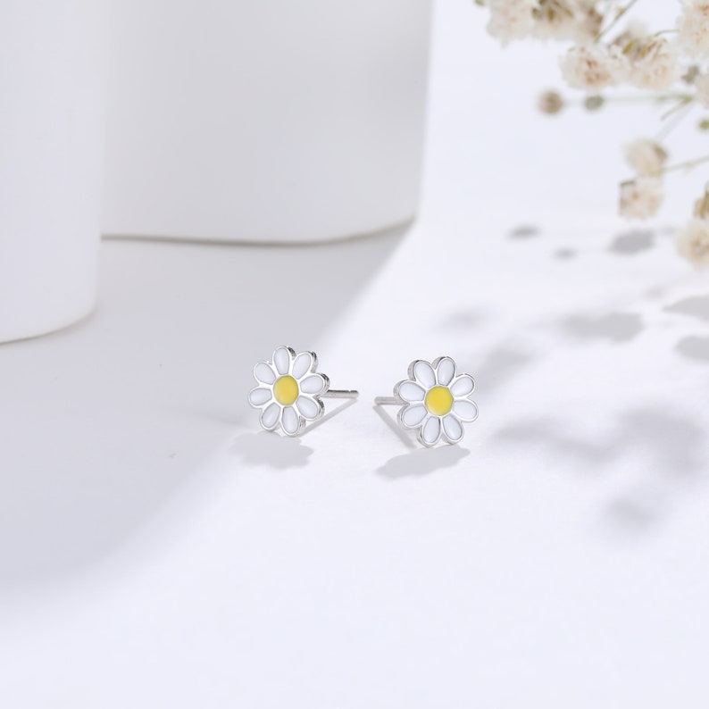 Enamel Daisy Flower Stud Earrings in Sterling Silver, Daisy Flower Earrings, Tiny Flower Earrings image 4