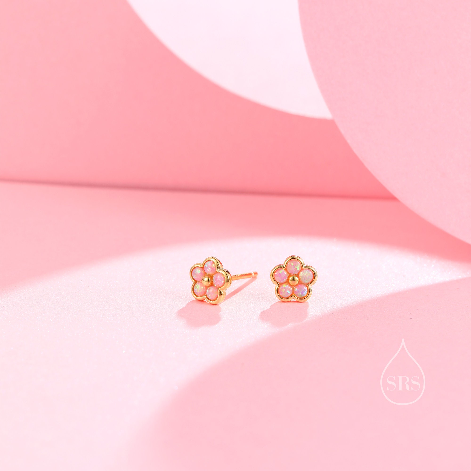 Pink Opal Flower Stud Earrings in Sterling Silver - Gold or