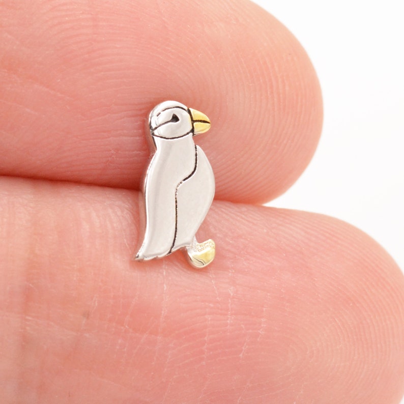 Puffin Bird Stud Earrings in Sterling Silver Gold and Silver Two Tone Cute, Fun, Whimsical and Pretty Jewellery image 4