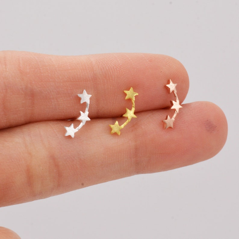 Tiny Star Trio Constellation Sterling Silver Dainty Stud Earrings, Available in Gold, Rose Gold and Silver, Tiny Star crawlers zdjęcie 7