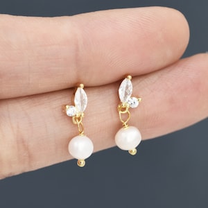 Marquise CZ Pair with Baroque Pearl Dangle Earrings in Sterling Silver, Delicate Keshi Pearl Drop Earrings, Genuine Freshwater Pearls image 9