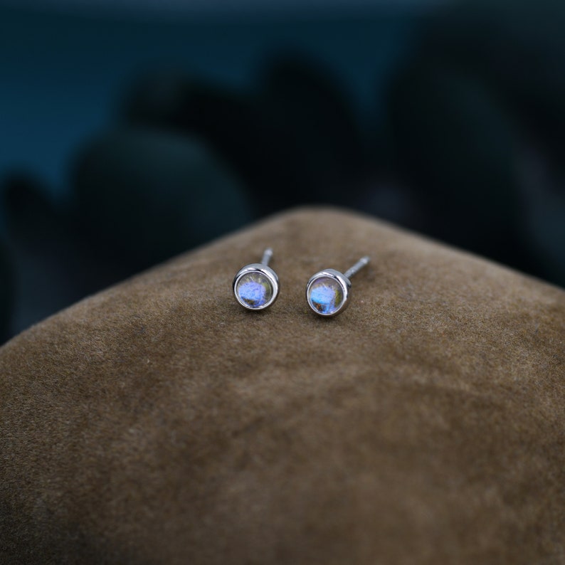 Moonstone Stud Earrings in Sterling Silver, Bezel, Aurora Stone Stud Earrings, 3mm Aurora Crystal Dot Earrings zdjęcie 1