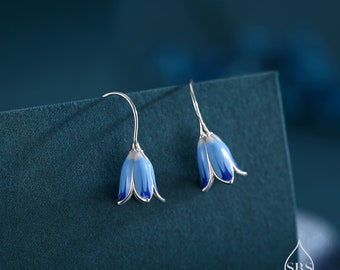 Sterling Silver Enamel Bluebell Flower Drop Hook Earrings, Dainty Dangle Bluebell Flower Earrings, Snowdrop Earrings, Spring Flowers