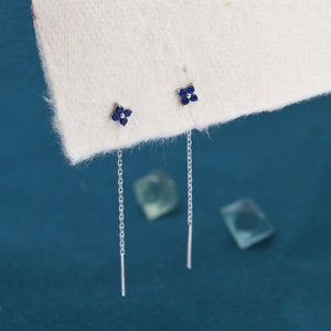 Sapphire Blue Hydrangea Flower CZ Threader Earrings in Sterling Silver, Silver or Gold, Four Dot Crystal Ear Threaders, Flower CZ Earrings image 2
