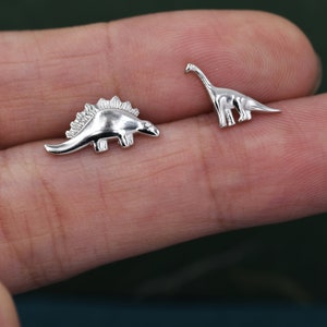 Mismatched Dinosaur Stud Earrings in Sterling Silver, Silver, Gold or Rose Gold, Asymmetric Stegosaurus and Brachiosaurus Dino Earrings image 4
