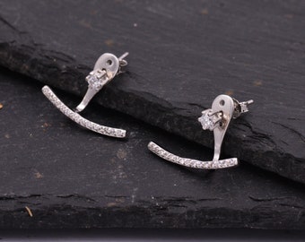 Sterling Silver Front and Back Stud Earrings Ear Jackets with Sparkly Crystals, Curved Bar Crawler Jacket Earrings