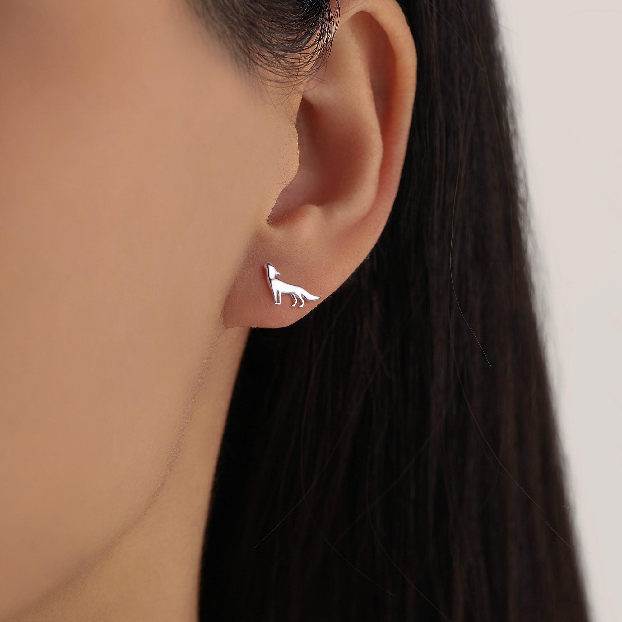Howling Wolf Stud Earrings in Sterling Silver, Silver or Gold