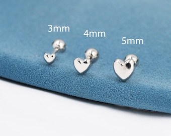 Extra Tiny Heart Barbell Oorbellen in Sterling Zilver, Zilver of Goud, Verkrijgbaar in drie maten, Screw Back Heart Oorbellen, Screwback Earring