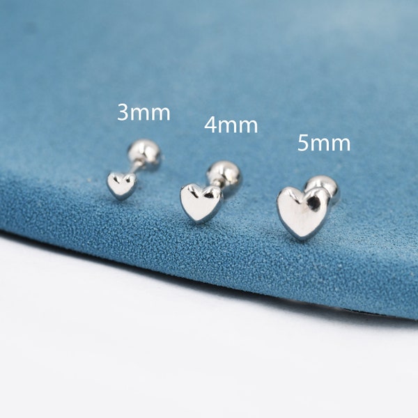 Très petites boucles d'oreilles avec haltères en forme de cœur en argent sterling, argent ou or, disponibles en trois tailles, boucles d'oreilles en forme de cœur à fond vissé, boucle d'oreille à fond vissé