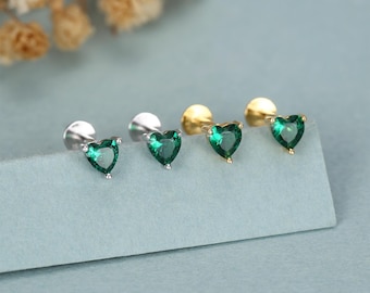 Sterling Silver 4mm Emerald Green Heart CZ 16G Flat Back Labret Earrings
