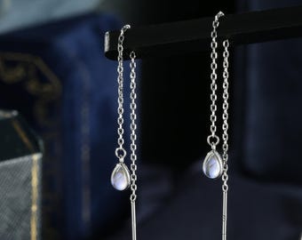 Sterling Silver Aurora Moonstone Droplet Ear Threader Earrings