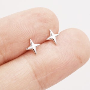 Four Point Star Stud Earrings in Sterling Silver, Tiny Celestial Stud, Polished or Textured, Gold or Silver image 4