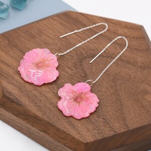 Real Cherry Blossom Flower Threader Earrings in Sterling Silver, Real Flower Ear Threaders, Resin Flower Jewellery Pink Sakura image 6