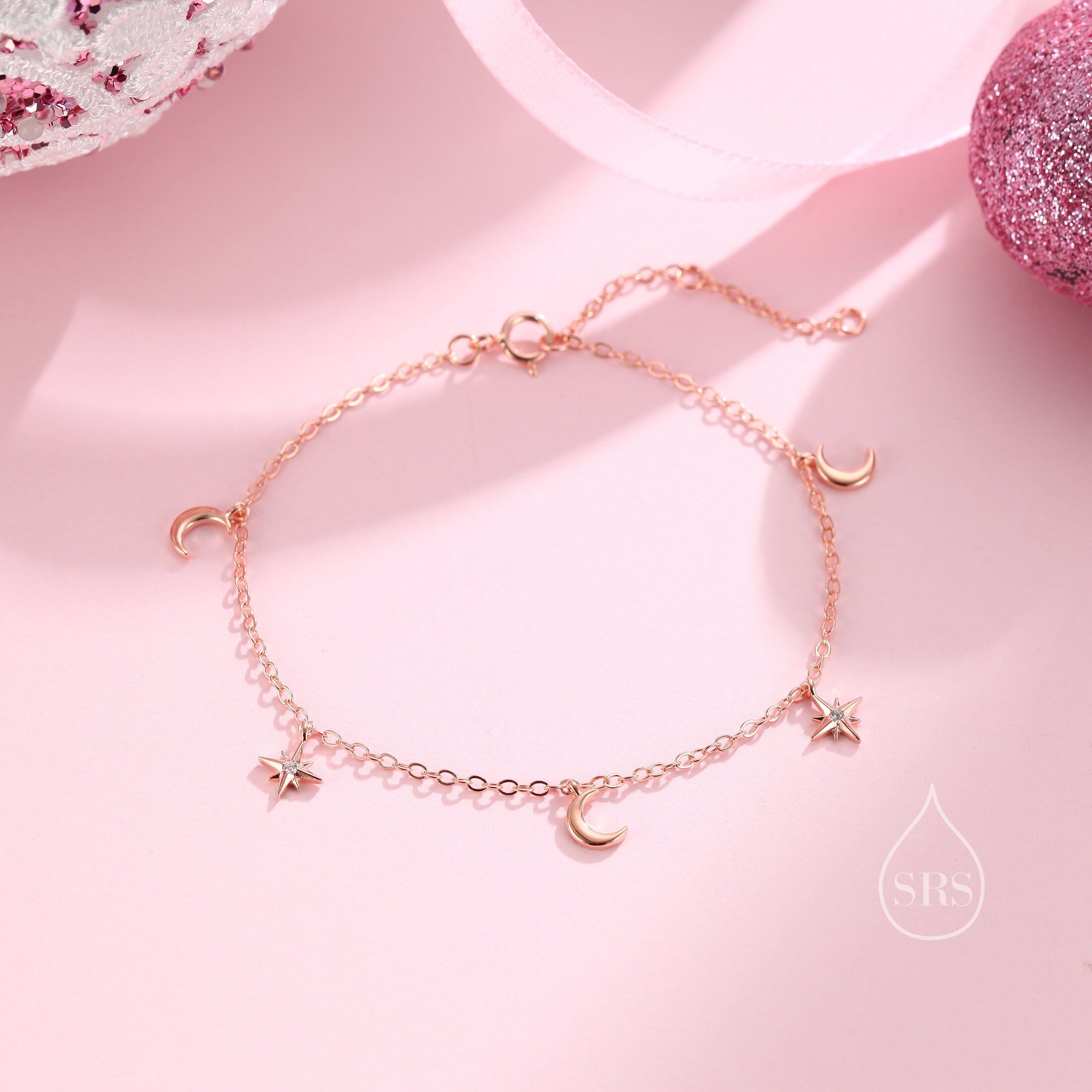 Sterling Silver Moon and CZ Star Bracelet, Silver or Gold or Rose