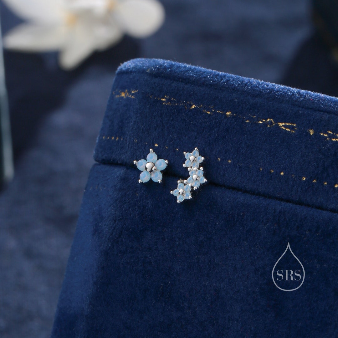 Asymmetric Forget Me Not Flower Bouquet CZ Stud Earrings in Sterling Silver, Silver or Gold, Opal Colour Mismatched CZ Flower Stud Earrings - Etsy Japan