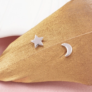 Tiny Crescent Moon and Star Mismatched Asymmetric Stud Earrings in Sterling Silver, Cute Fun and Quirky