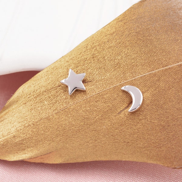 Tiny Crescent Moon and Star Mismatched Asymmetric Stud Earrings in Sterling Silver, Cute Fun and Quirky