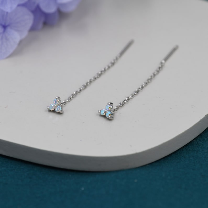 Aurora Borealis Three CZ Trinity Threader Earrings in Sterling Silver, Three Dot AB Crystal Ear Threaders, Trefoil Moonstone Earrings image 5