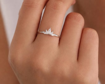 Sterling Silver Marquise Crown Ring, Cluster Ring, Lotus Ring, Flower Ring, CZ Ring, Silver or Gold  US 5 - 8