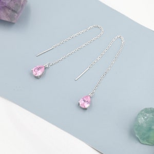 Tourmaline Pink CZ Droplet Threader Earrings in Sterling Silver, Silver or Gold,  Pear Cut CZ Long Ear Threaders, Sparkly CZ Threaders