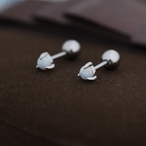 White Opal Screw back Earrings in Sterling Silver, Silver or Gold, Opal Three Prong Earrings,  Screwback Earrings, Opal Barbell Earrings