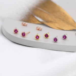 Pode incluir: Seis pares de pequenos brincos de pressão com uma única pedra preciosa redonda rosa no centro. Os brincos estão em três acabamentos metálicos diferentes: ouro, ouro rosa e prata.