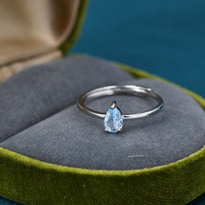 Natural Blue Topaz Droplet Ring in Sterling Silver, 4x6mm, Prong Set Pear Cut, Adjustable Size, Genuine Topaz Ring image 3