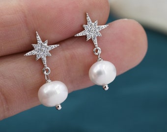 Starburst Star With Baroque Pearl Drop Earrings in Sterling