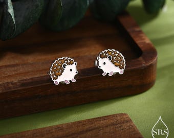 Enamel Hedgehog Stud Earrings in Sterling Silver, Hedgehog Earrings, Nature Inspired Animal Earrings