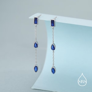 Pendientes colgantes de circonita cúbica con marquesa azul zafiro en plata de ley