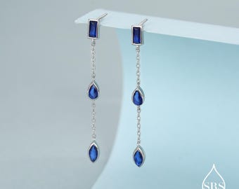 Sapphire Blue Marquise CZ Dangle Drop Stud Earrings in Sterling Silver