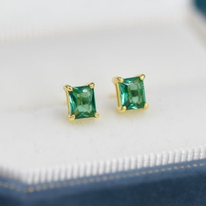 Emerald Cut Emerald Green CZ Stud Earrings in Sterling Silver, Silver or Gold, Square Cut Crystal Earrings, May Birthstone image 3