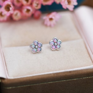 Pink Opal Flower Stud Earrings in Sterling Silver - Gold or Silver - Opal Forget-me-not - Opal Cluster - Petite Stud Earrings, Fire Opal